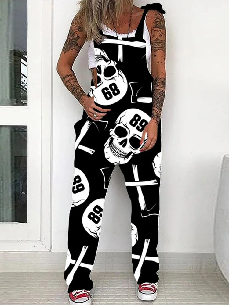 Women's Skull Print Strappy Jumpsuits Casual Fashion Sleeveless Pockets Loose Jumpsuit 2023 Summer Elegant Trendy Playsuits