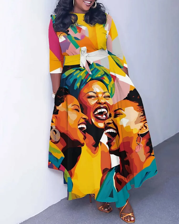 Happy Black Sisters Oil Painting Long Sleeve Pockets Maxi Dress