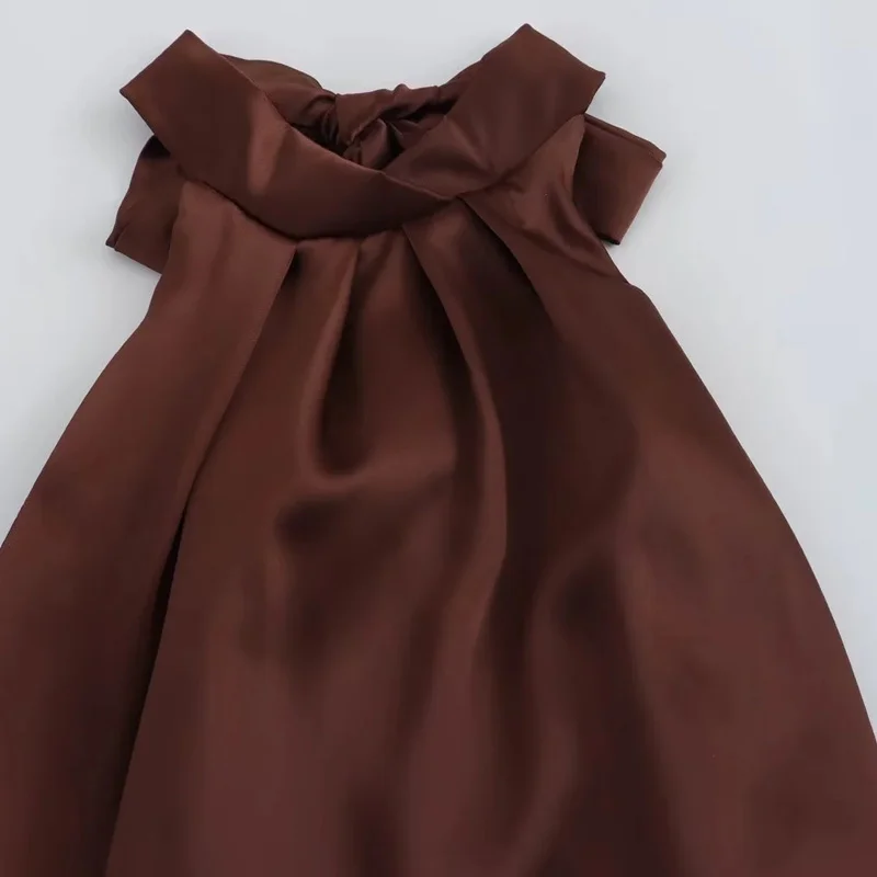 Summer Off Shoulder Party Pleated Halter Satin Long Dress Tied Backless Brown Maxi Dress 