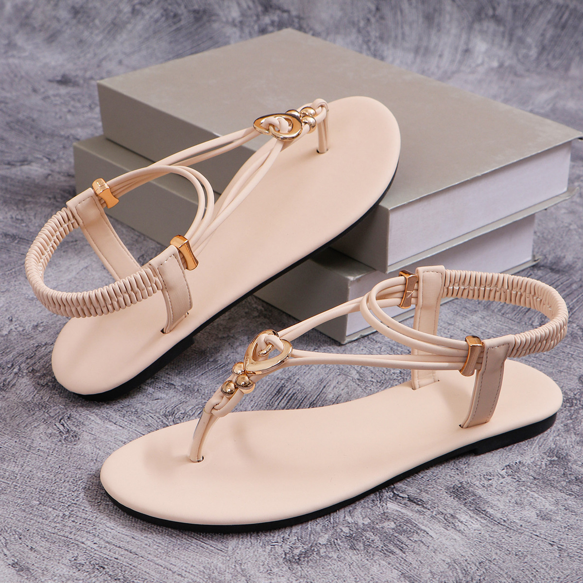Mature Women Casual Shoes Flat Flip-toe Beach Plus Size Rhinestone Sandals