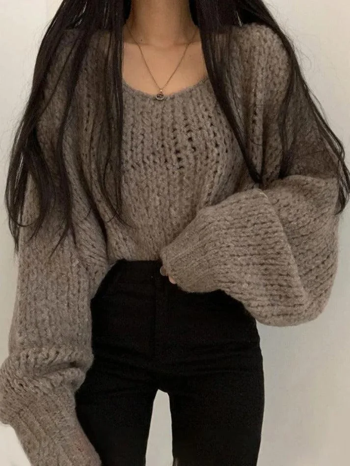 Brownm Cutout Lantern Sleeve Baggy Sweater