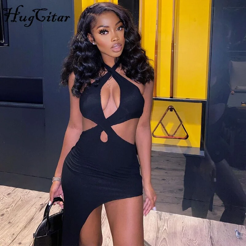 Hugcitar 2021 Solid Sleeveless Hollow Out Halter Ruched Sexy Asymmetrical Mini Dress Summer Autumn Women Fashion Streetwear