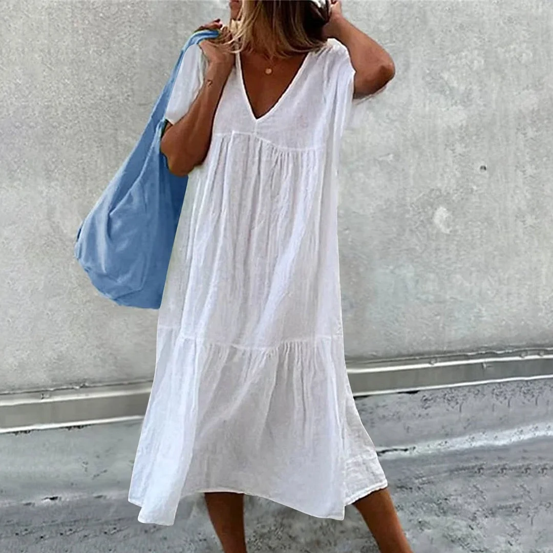 Women's Plain Pocket V Neck Casual Shift Dress