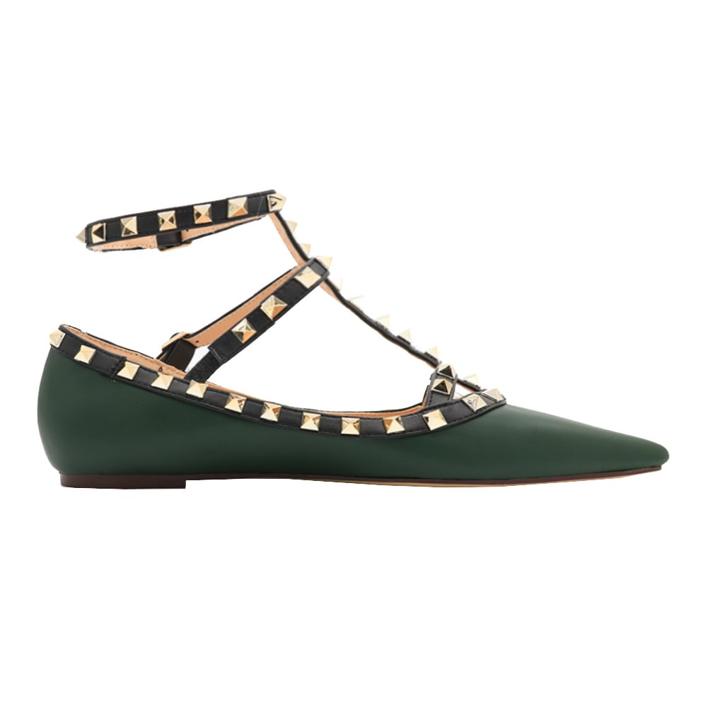 Women's Flats With Double Buckles Fashion Sexy Rivets Rockstud Daily Pointed Toe Ballet Matte Shoes-vocosishoes