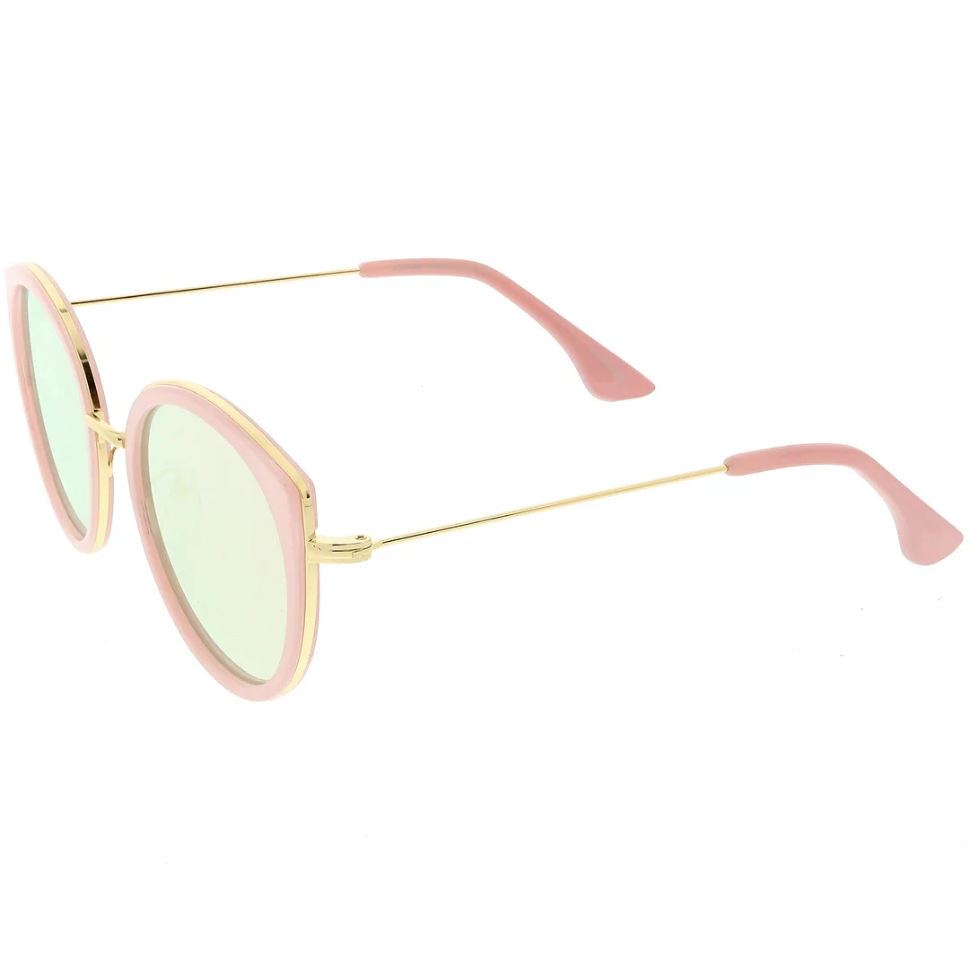 Modern Cat Eye glasses Metal Trim Round Colored Mirror Flat Lens 53mm