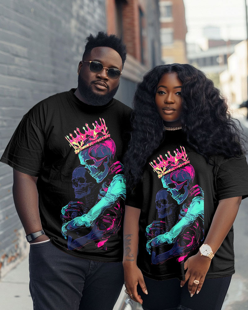 Couple's Plus Size Embrace Skull Print Round Neck Short Sleeve T-Shirt