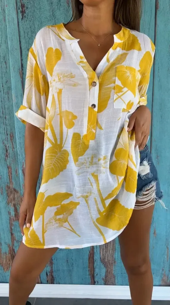 Women's Vintage  Floral Art Print Casual Cotton Shirt