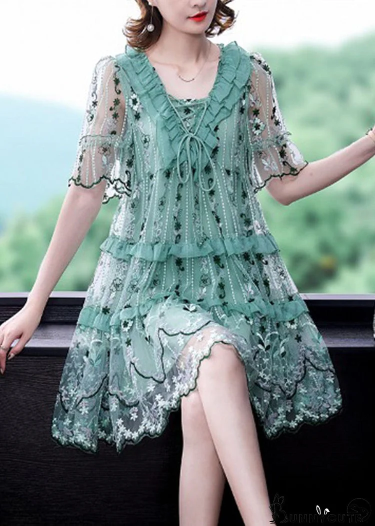 Light Green Tulle Vacation Dress Hollow Out Embroideried Short Sleeve