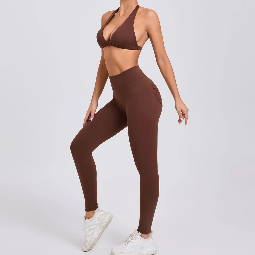 Woherb Woherb Neck Bra Pocket Trousers Yoga Suit Tight Body Beautiful Back Speed Dry Fitness Suit Outdoor Running Two-Piece Set-Outfit Ideas