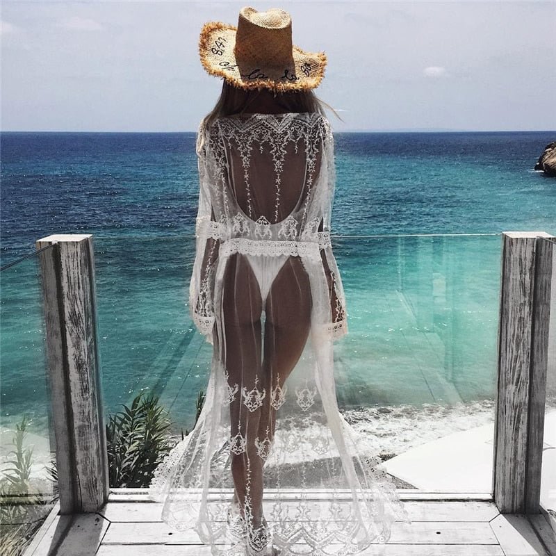 Women Sexy Beach Dress White Chiffon Lace Kimono Beach Bikini Cover Up Wrap Cardigan Beachwear Hollow Out Long Dress Sundress