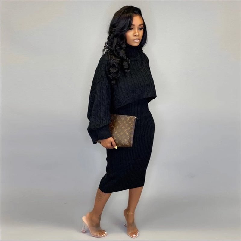 Autumn Winter Women 2 Piece Set New Hot Sale Midi Dress Turtleneck Top Sweater Matching Set Free Shipping Wholesale Dropshpping