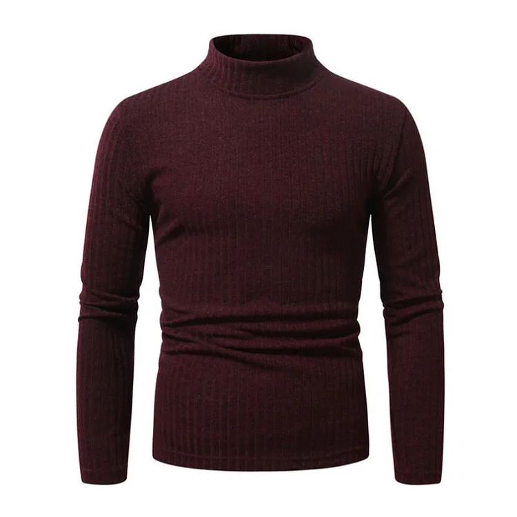 Men's Casual Rib Stripe Half-high Collar Slim Long-sleeved T-shirt