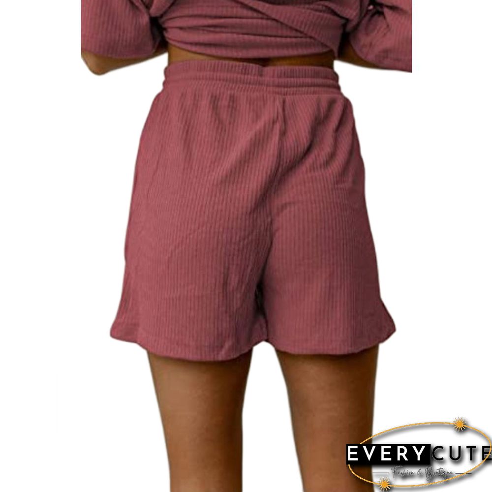 Rust Red Ribbed Drawstring Casual Shorts