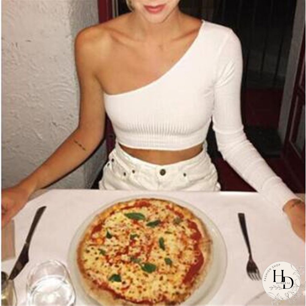 One Shoulder Long Sleeve Camisole Top Femal Knitted Crop Women Tops Streetwear Elastic