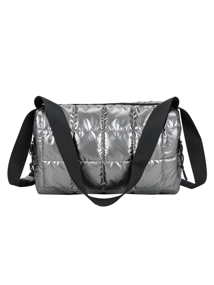 Cotton Padded Zipper Crossbody Bag Solid Color Mini Shoulder Bag (Silver)
