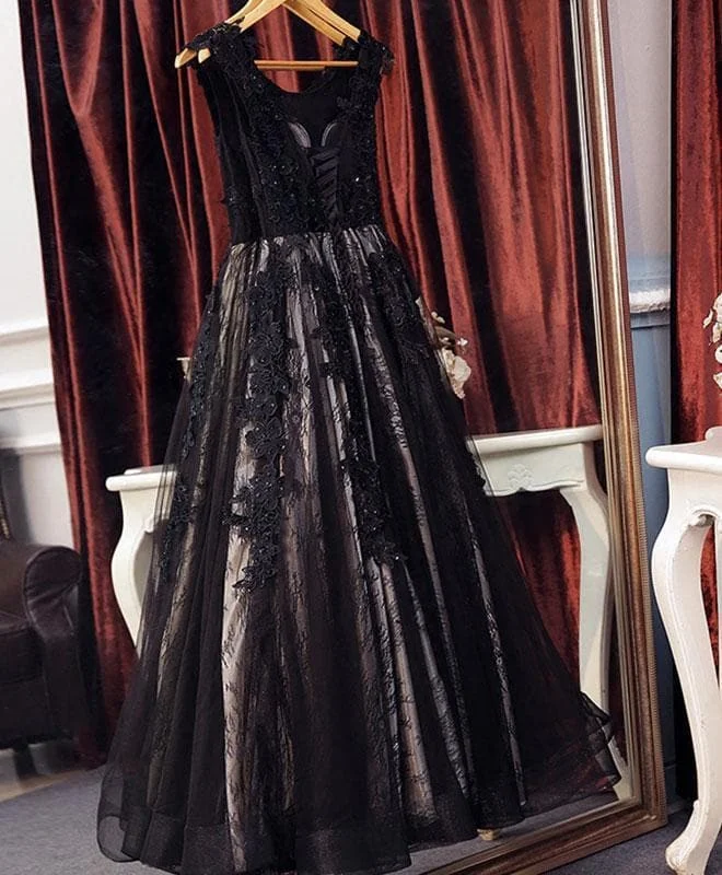Black Lace Tulle Long A Line Prom Dress, Black Evening Dress