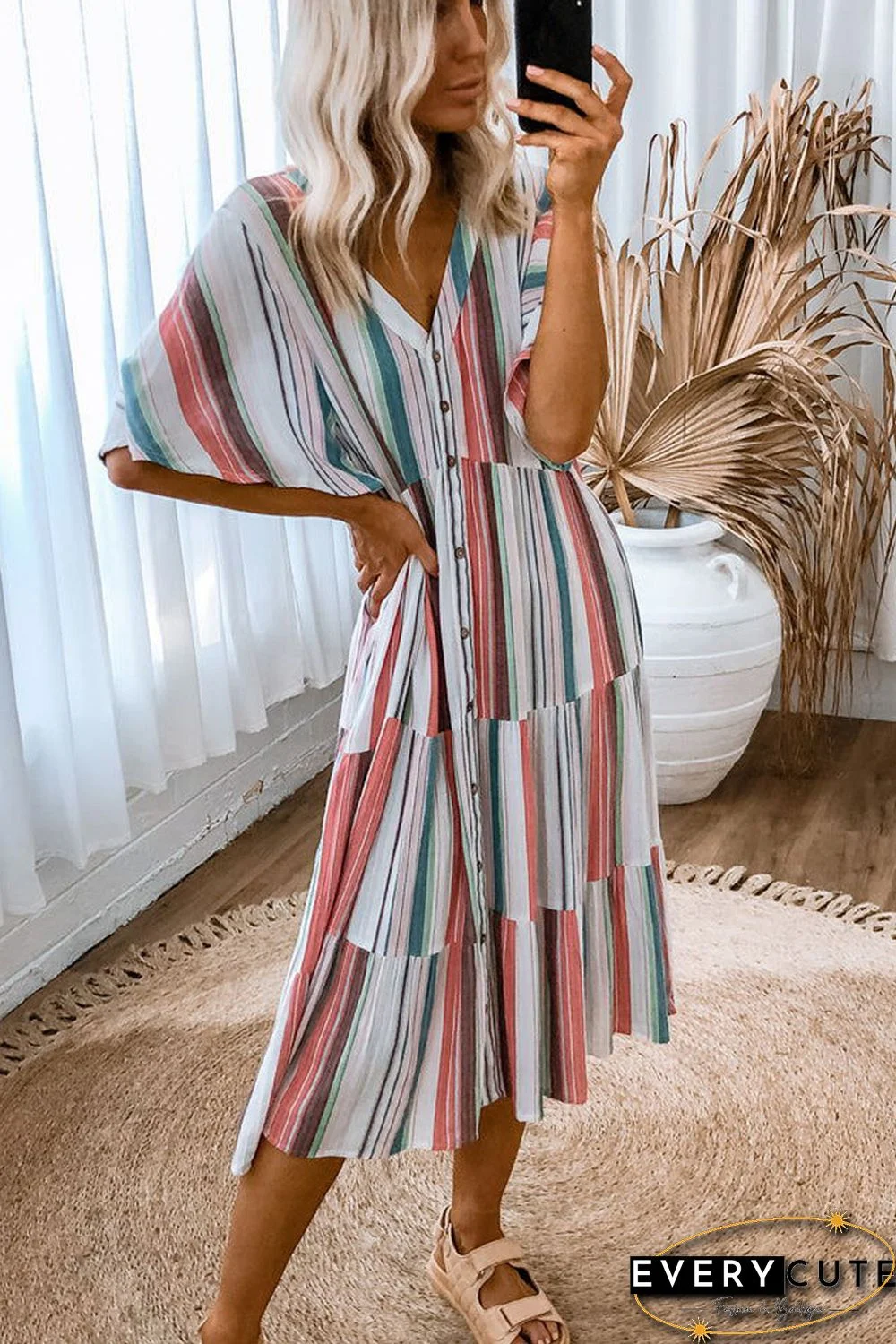 Serape Striped V Neck Buttoned Shirt Dress