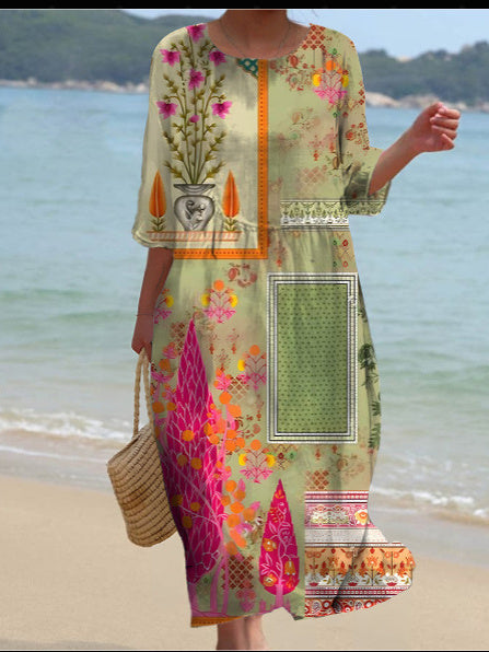 Women's 3/4 Sleeve Scoop Neck Graphic Printed Midi Dress