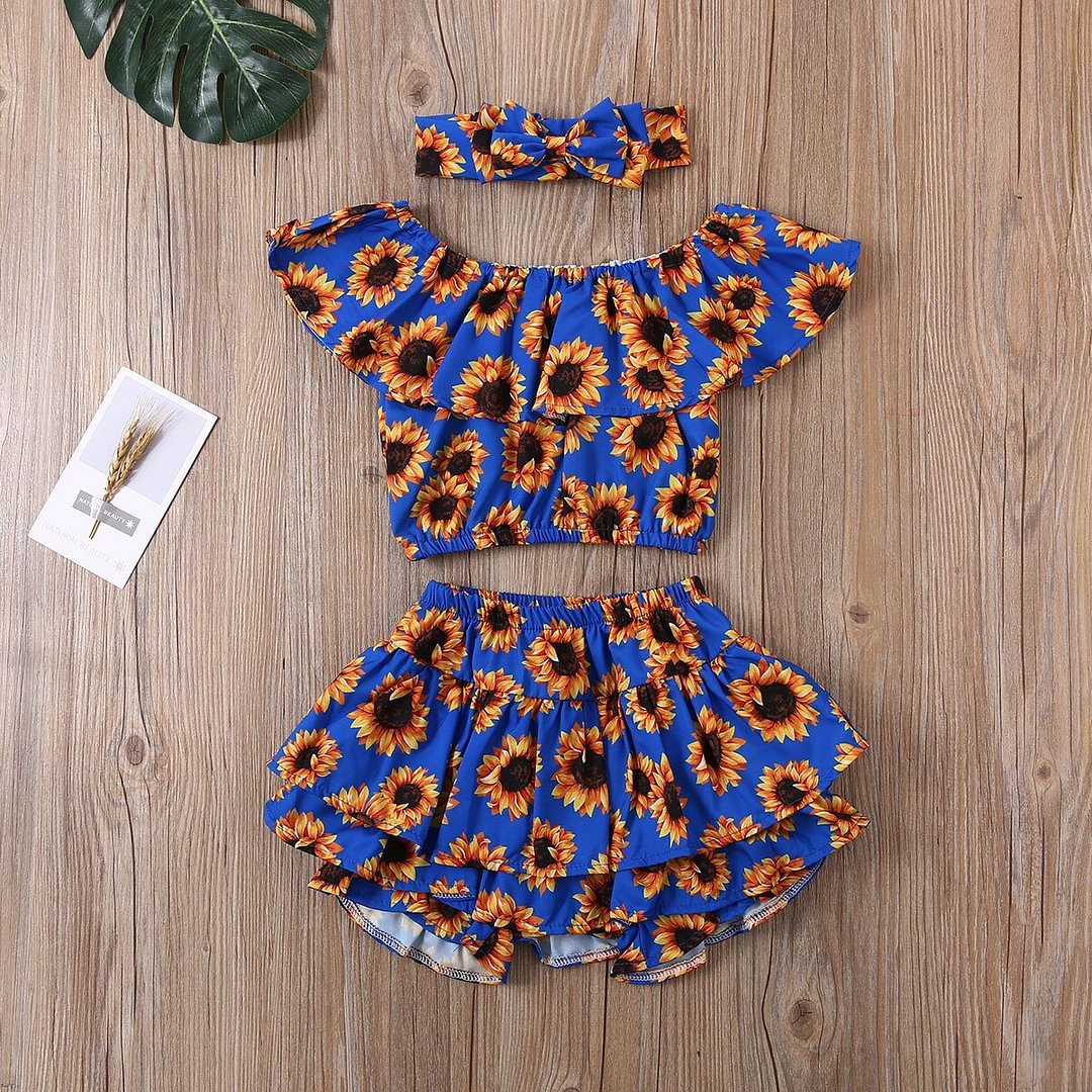 1-6T Toddler Baby Girl Flamingo Sunflower Sunsuit Clothes Ruffle Tops + Layered Pants + Headband Set