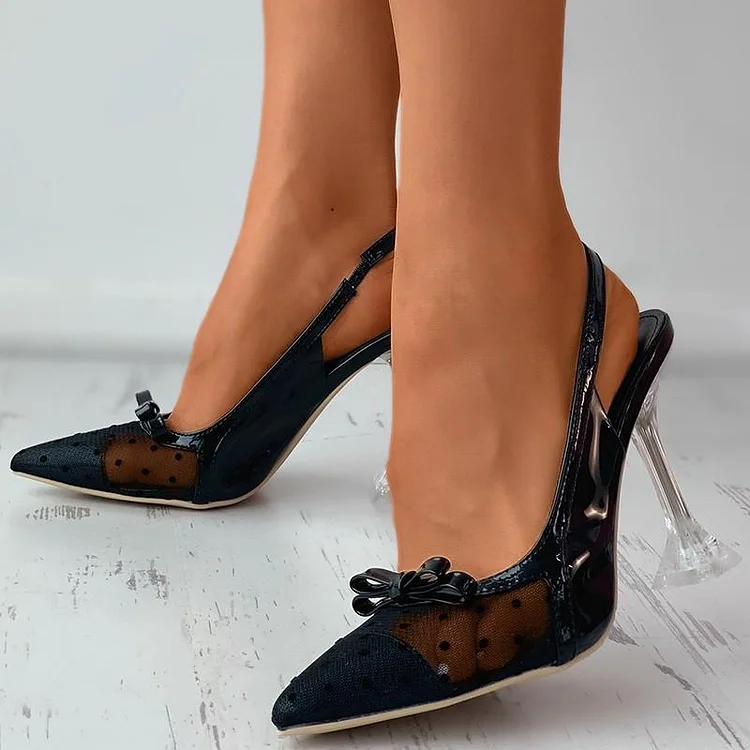 Black Pointy Slingback Heels Bow Shoes Women's Stiletto Heel Pumps |FSJ Shoes