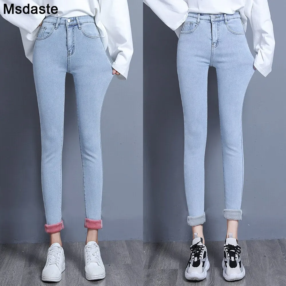 Winter Jeans For Women Skinny High Waist Elastic Casual Streetwear Denim Trousers Fleece Slim Warm Jean Pencil Pants With Velvet