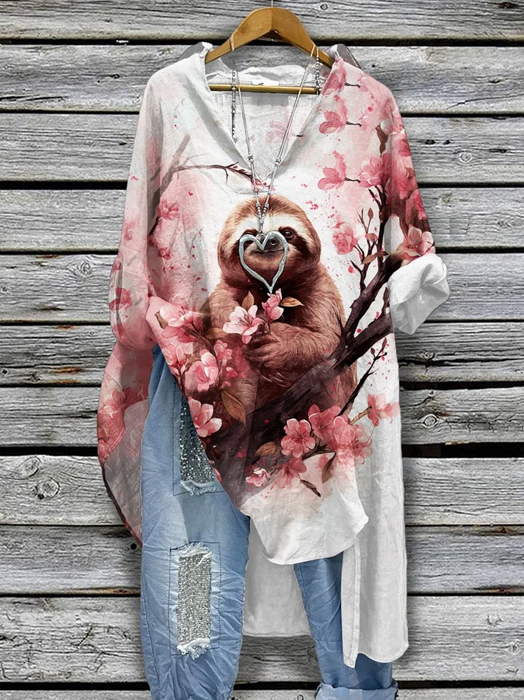 Sloth Flower Pattern Print Casual Cotton And Linen Shirtdress