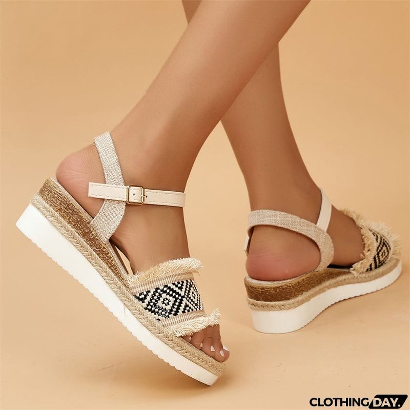 Women's Leisure Wedge Heel Raw Edge Black Roman Sandals