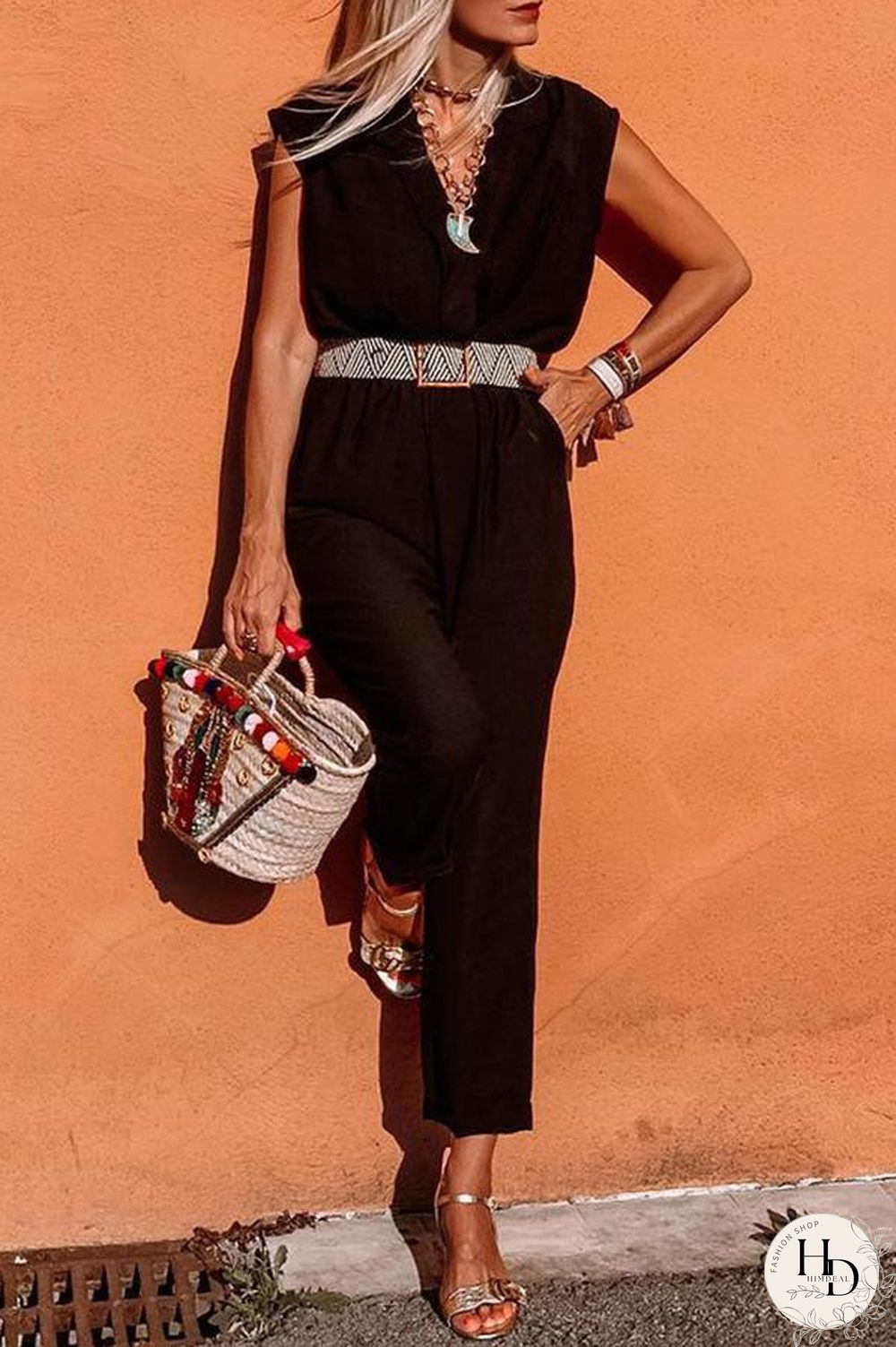 V-Neck Solid Color Jumpsuit(Without Belt)