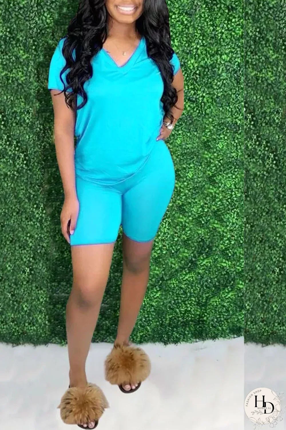 Blue Polyester Active Casual England Solid Straight Short Sleeve Two Pieces