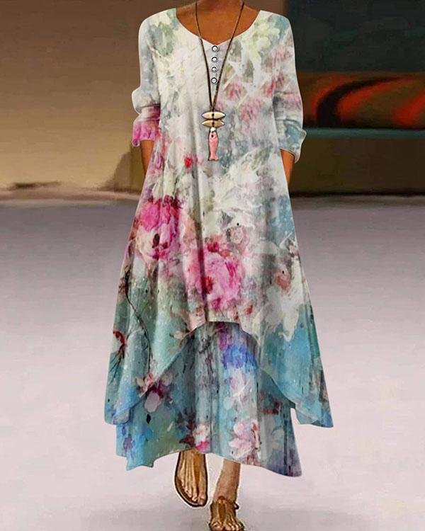 Spring Autumn Button Digital Print 3/4 Sleeve Irregular Maxi Dresses - Chicaggo