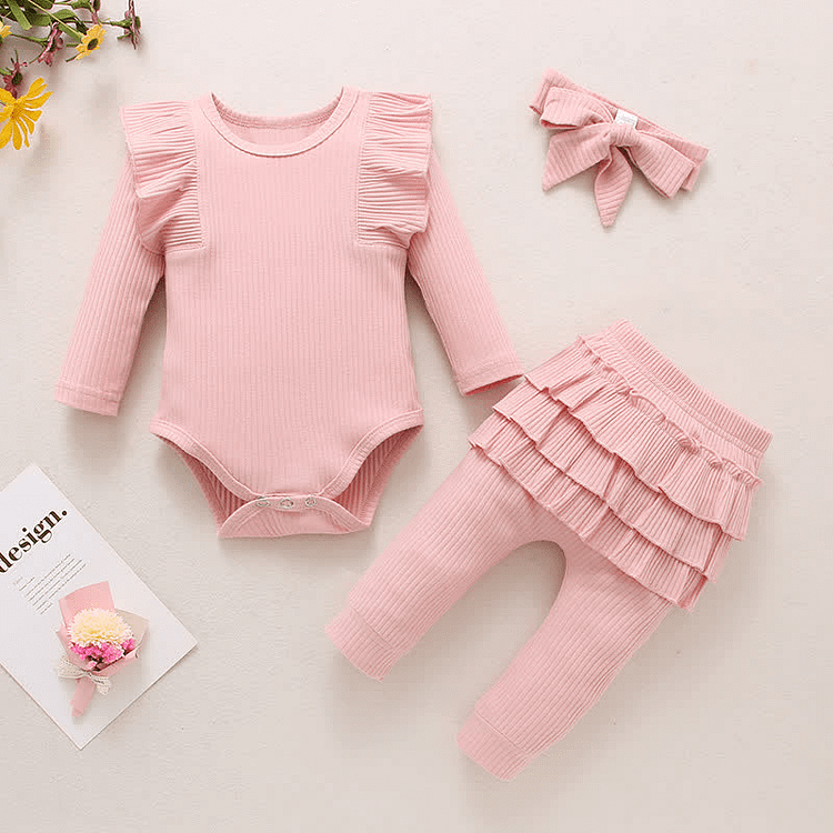 Baby Solid Color Ruffled Bodysuit Pant with Headband