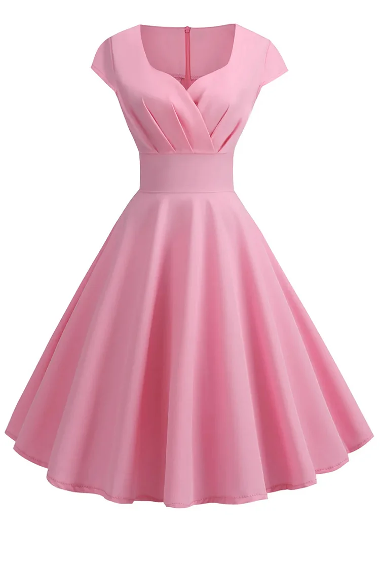 1950s Pink Solid Cap Sleeve High Waist Pleated Swing Midi Dresses