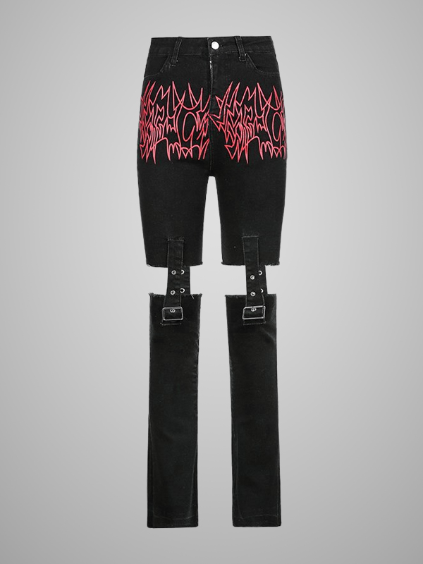 Strechable Medium Waist Flame Print Cut Apart Straight Black Jeans