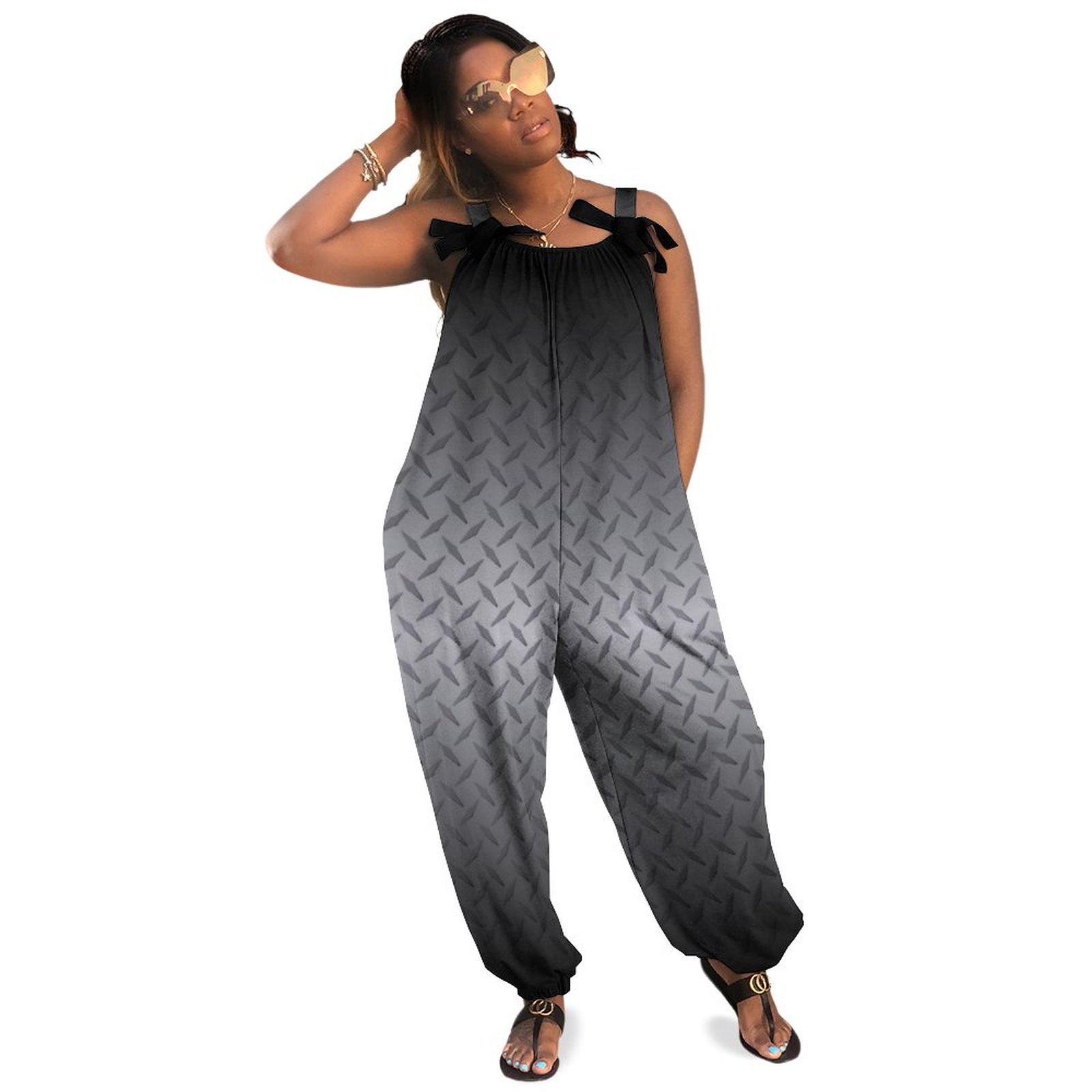 Ombre Steel Diamond Plate Pattern Summer Women Overalls Jumpsuit Loose Plus Size Oversized Shirt Romper Party Jumpsuit Boho Casual Long Length