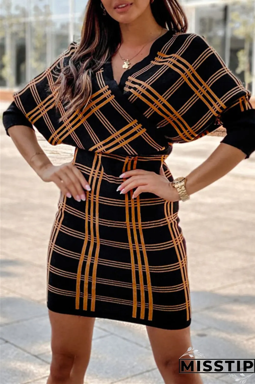 Light Blue Fashion Casual Plaid Print Patchwork V Neck Long Sleeve Dresses