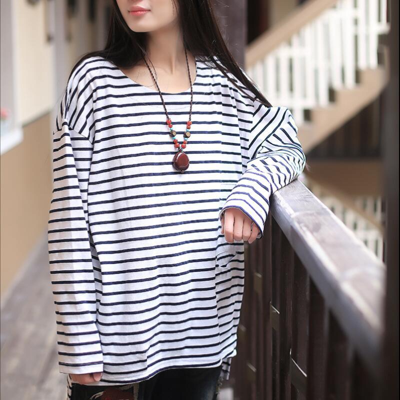 Women Striped T-Shirt 2021 Spring New Plus Size Women Clothes Top Full Sleeve O-Neck Casual Cotton Irregular T-Shirt