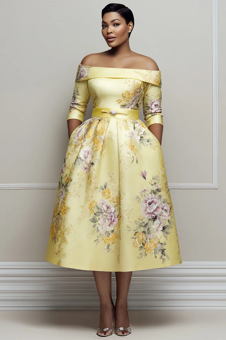 Xpluswear Design Plus Size Wedding Guest Yellow Floral Off The Shoulder 3/4 Sleeve Pocket Satin Midi Dresses [Pre-Order] 2024 - Xpluswear
