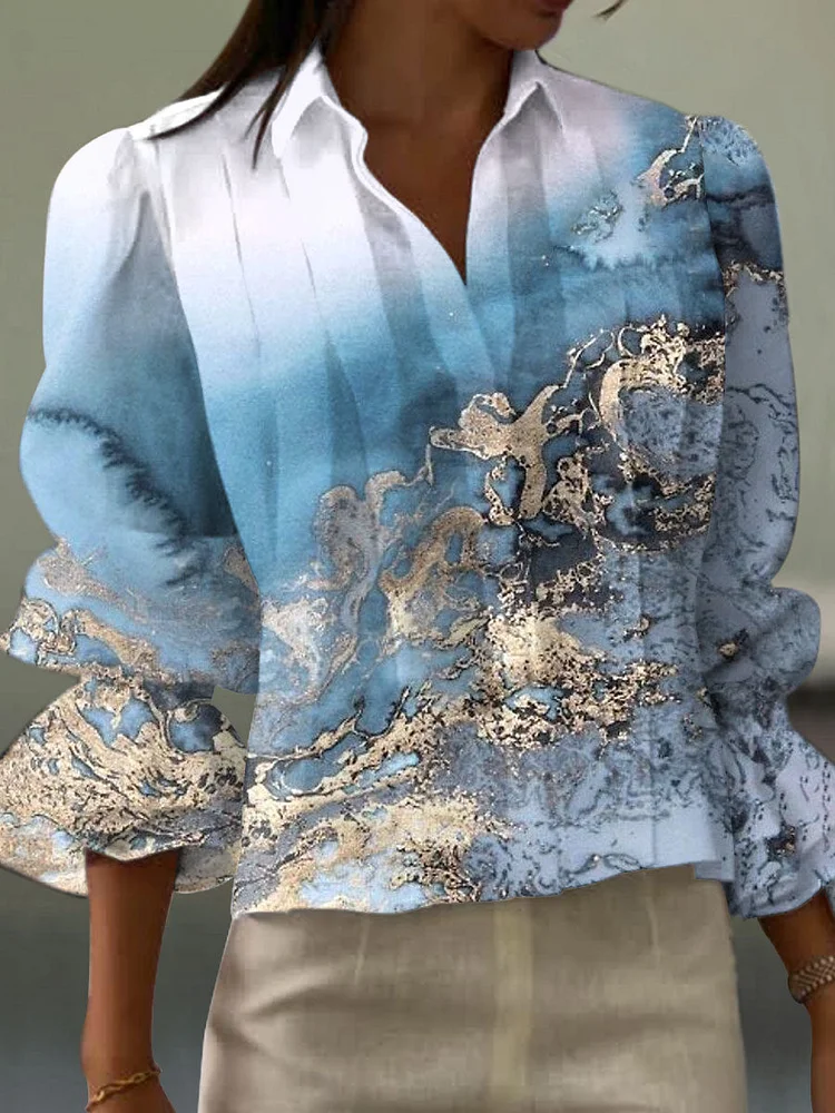 Women's  Vintage Abstract Geometric Texture Art Print Casual  Cotton And Linen Shirt