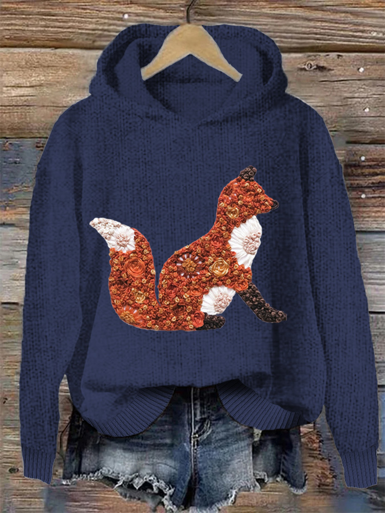 Floral Embroidered Fox Print Pullover Sweater artswardrobe