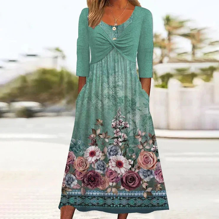 Women's Boho Dress Crew Neck Mid Sleeve Floral Print Midi Dresses