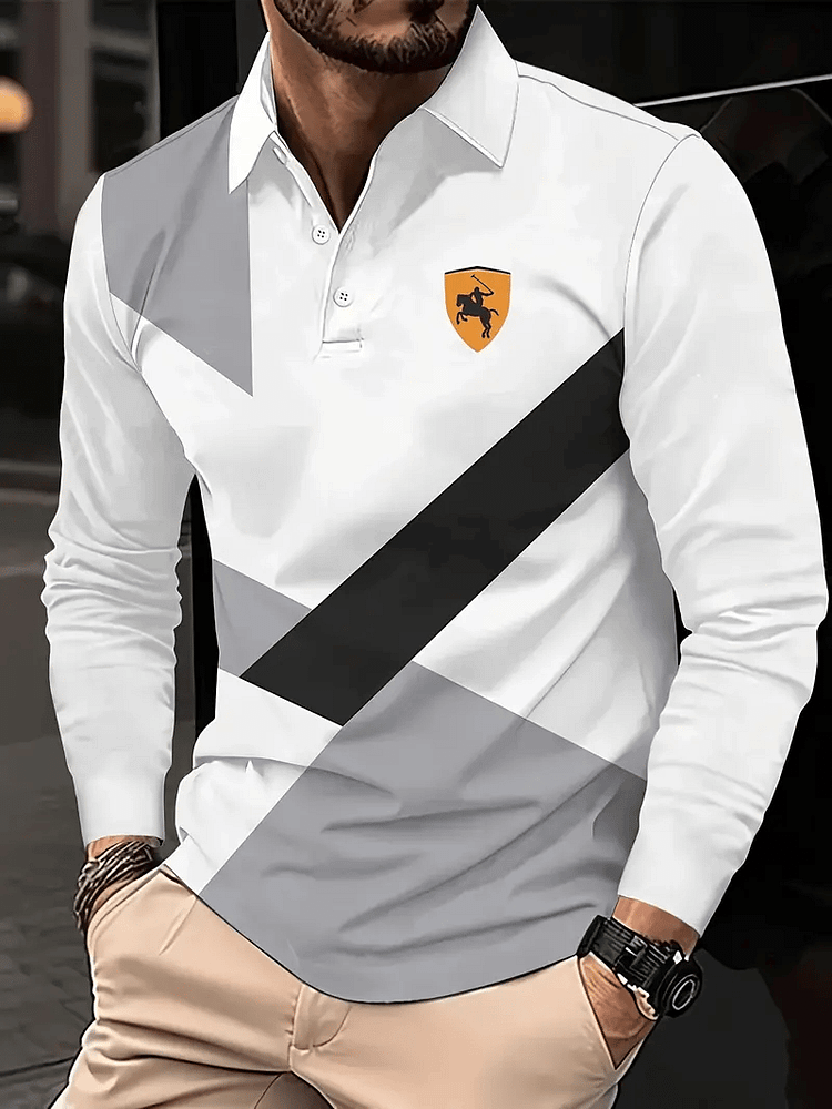 Men's Business Casual Striped Long-Sleeved Polo Shirt
