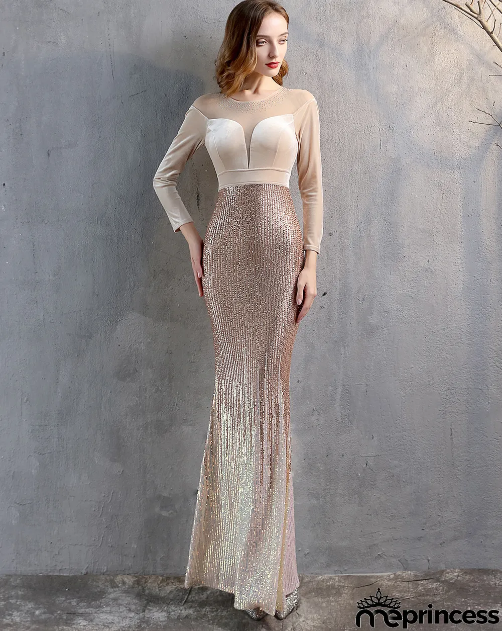Formal Long Sleeve Patch Velvet Sequins Mermaid Evening Dress