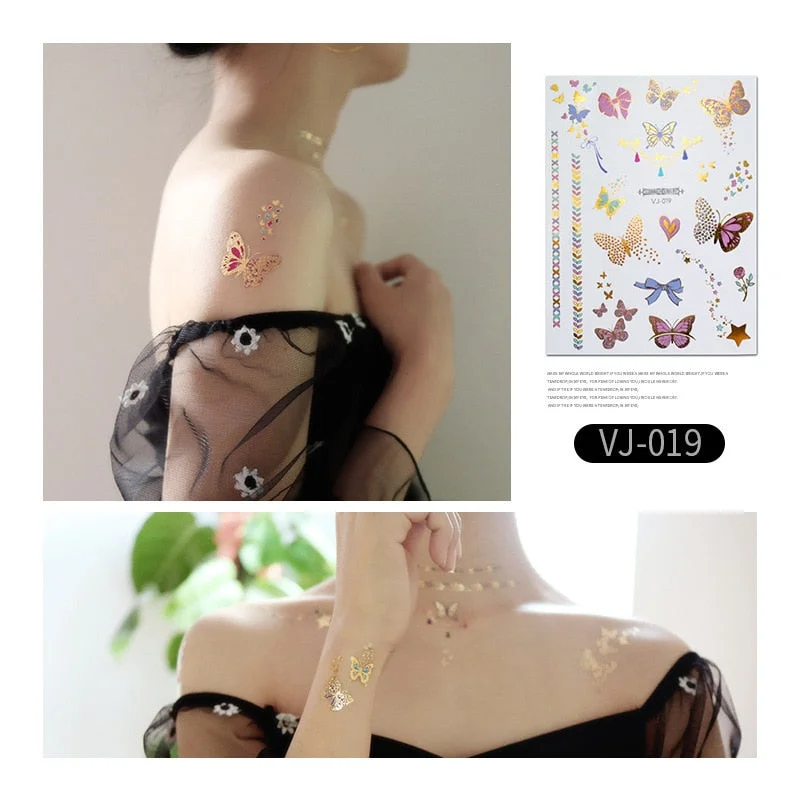 12 Kinds Bronzing Tattoo Butterfly Disposable Shiny Party Makeup Sticker Women Temporary Body Art Summer Waterproof