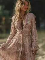 Boho Pink Roses Lace Art Flowy Linen Maxi Dress