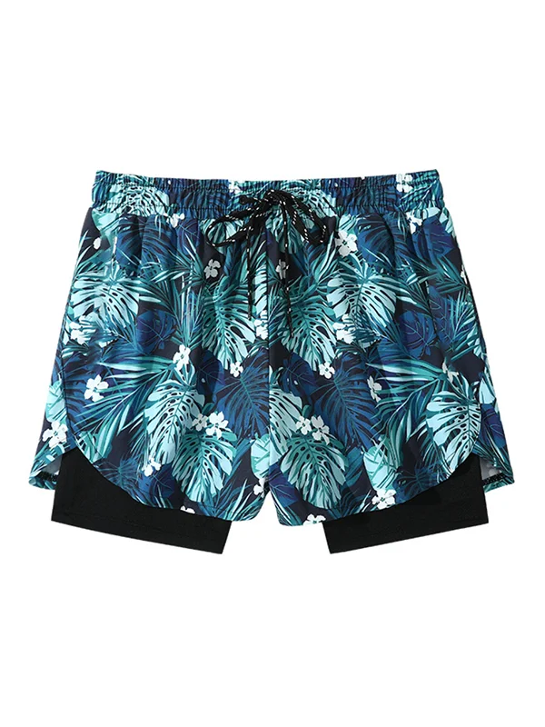 2 in 1 Short Liner Tropical Grass Printed Quick-Drying Trunks