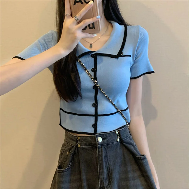 Uveng Uveng Niche Polo-Collared Ice Silk Knitted Cardigan Women 2023 Summer New Thin Chic Top