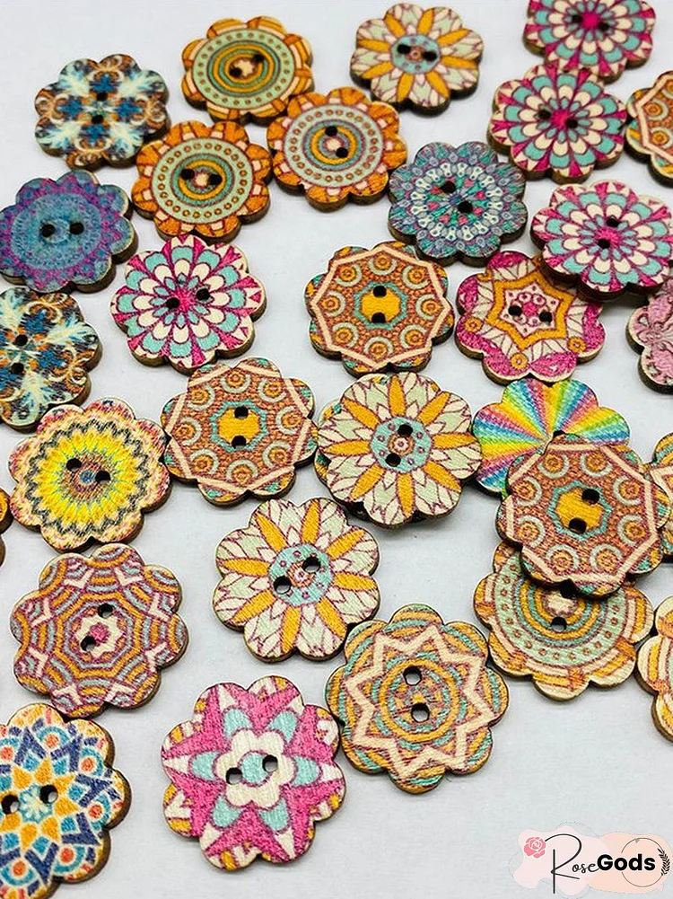 50Pcs Ethnic Pattern Wooden Buttons DIY Accessories Sets Handmade