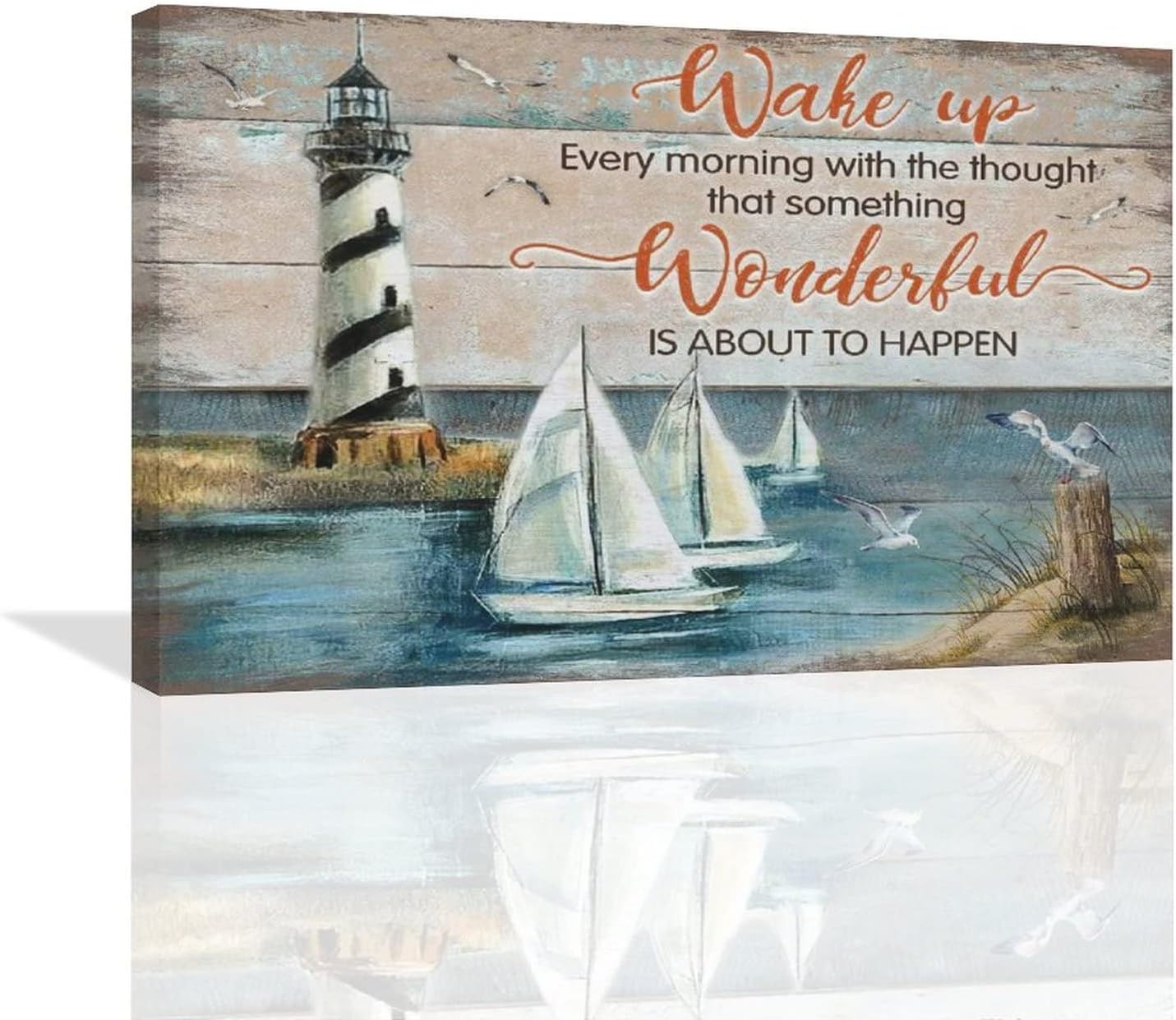 Lighthouse Sailboat Wall Art Coastal Beach Pictures Canvas Prints Ocean Seagulls Painting Framed Nautical Artwork Home Decor for Bathroom Dining Living Room 24 inch x16 inch  16&#034;x24&#034;
