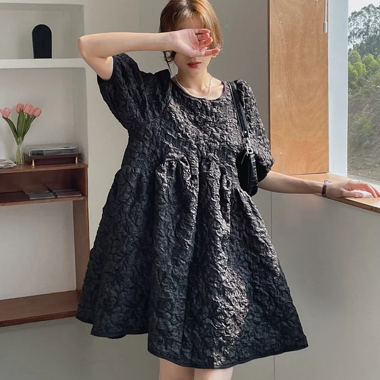 Chic Solid Color O-Neck Puff Sleeves A-Line Textured Dresses 