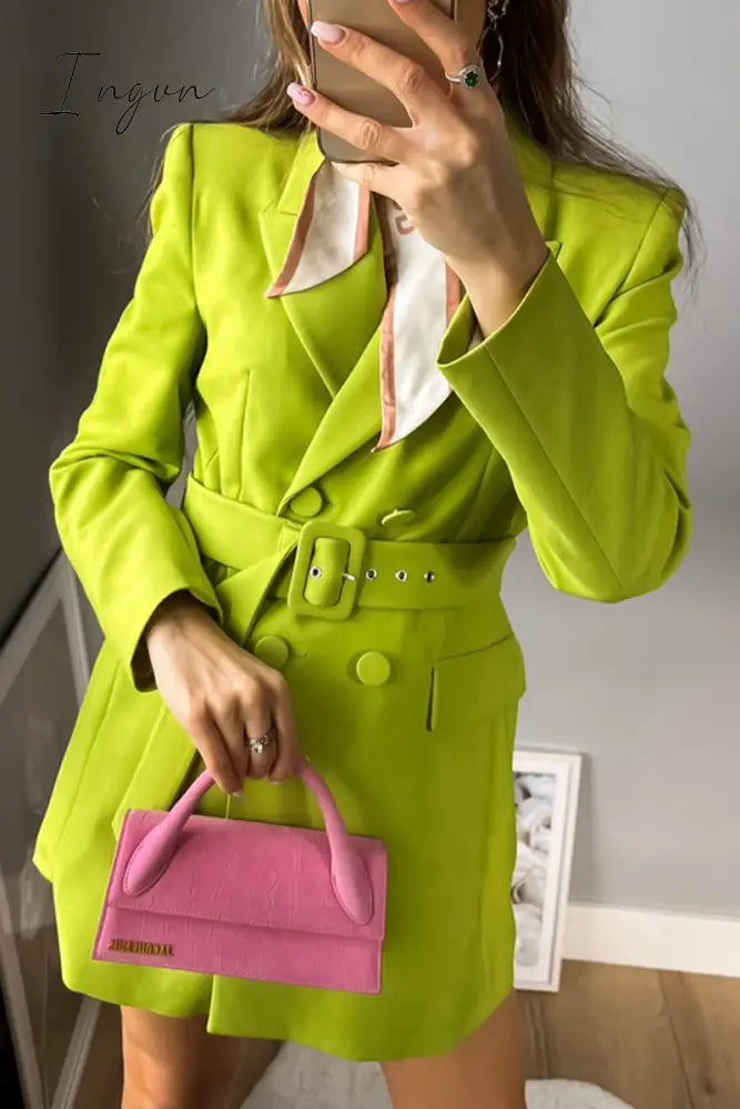 Ingvn - Casual Solid With Belt Turn-Back Collar Outerwear Fluorescent Green / S Outerwear/Suit